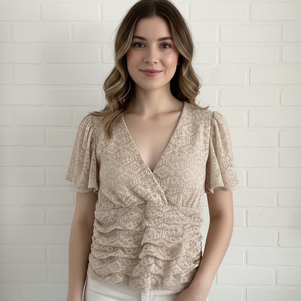 Vintage Y2K SUZY SHIER Lace Wrap Top Ruched Empire Waist Flutter Sleeve Sz M